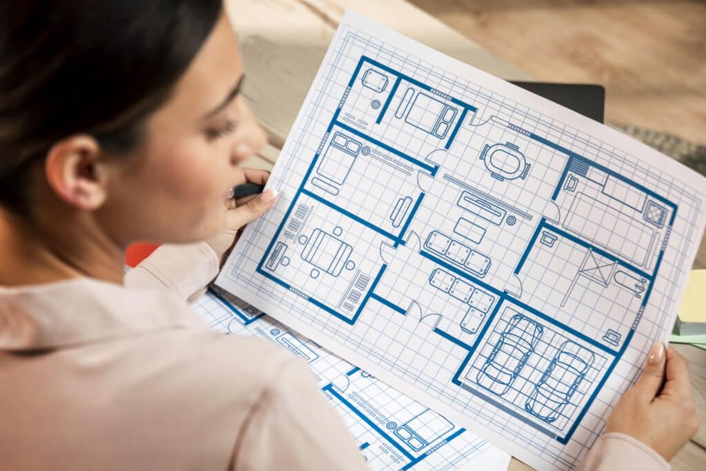 woman holding blueprint