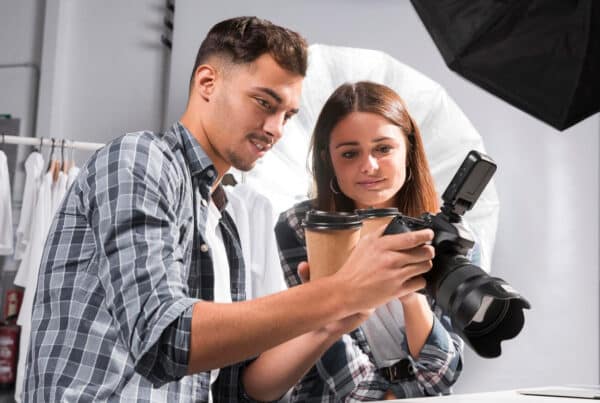 Woman and man looking on camera