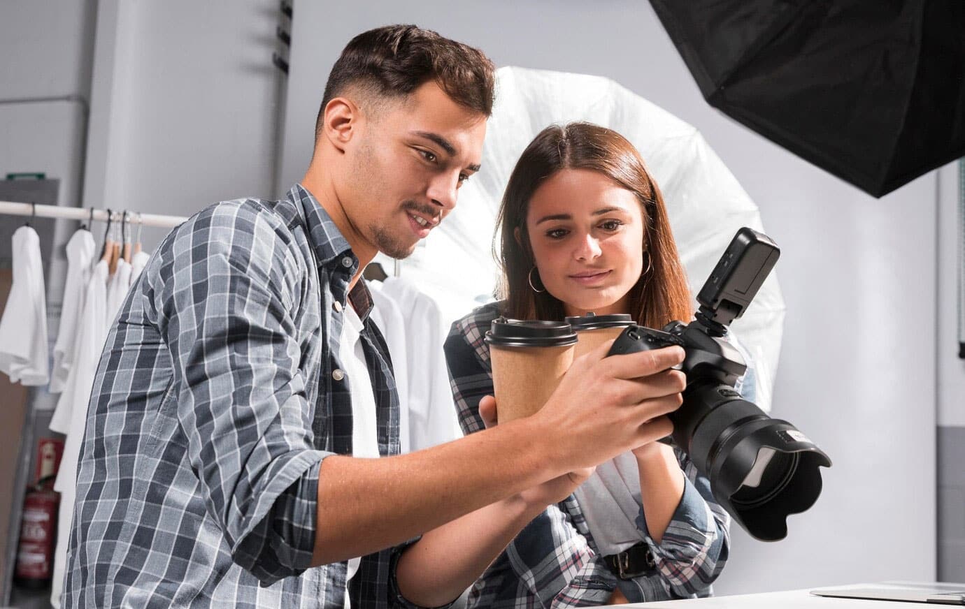 Woman and man looking on camera